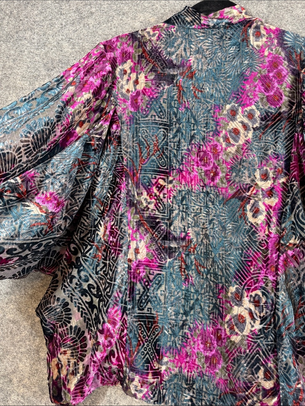 Anthropologie Multicolor Velvet Kimono Cardigan Black Fuchsia Festival Duster - Picture 13 of 14